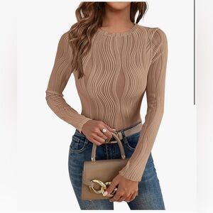 Elegant Tan Ribbed Long Sleeve Top